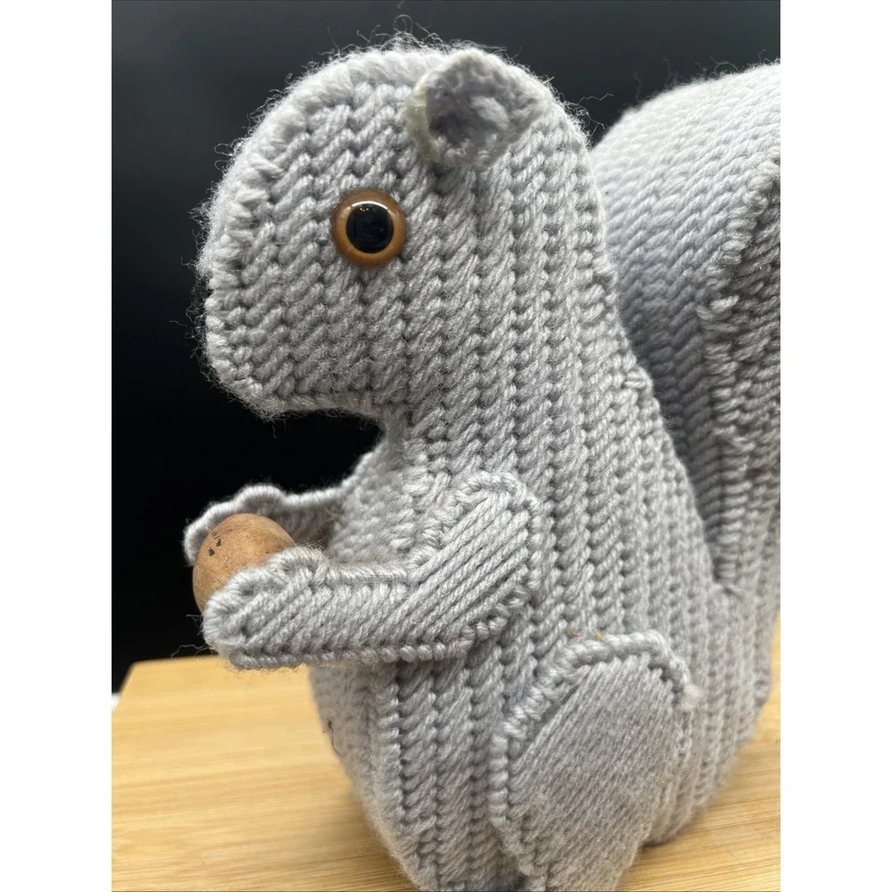 Vintage Handmade Crocheted Squirrel With Wooden Nut 8